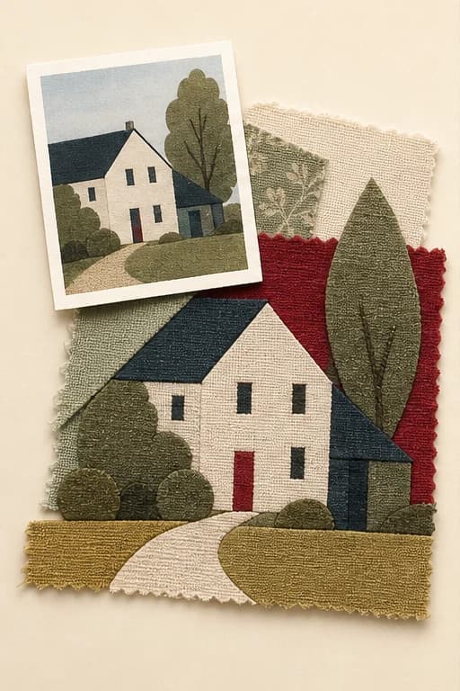 A favorite house photo beside the same scene translated into layered fabric shapes.