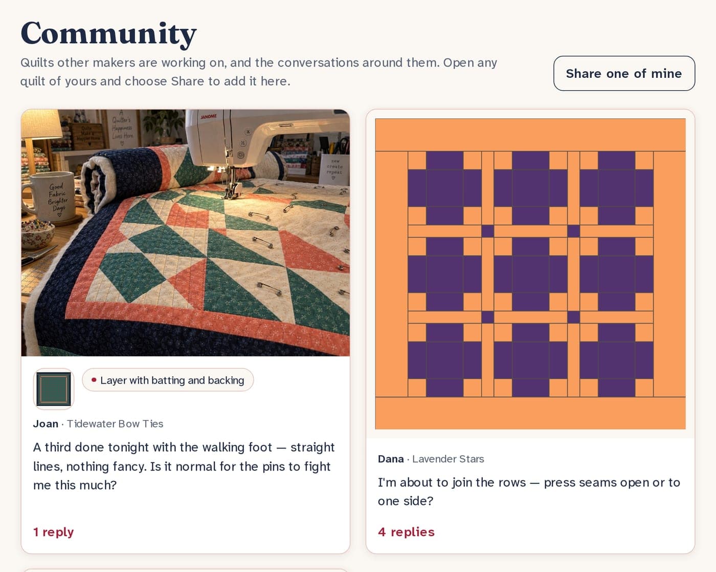 Community on a desktop: a quilter's photograph of her quilt under the machine with the step she is on, beside another quilter's question about pressing the rows.