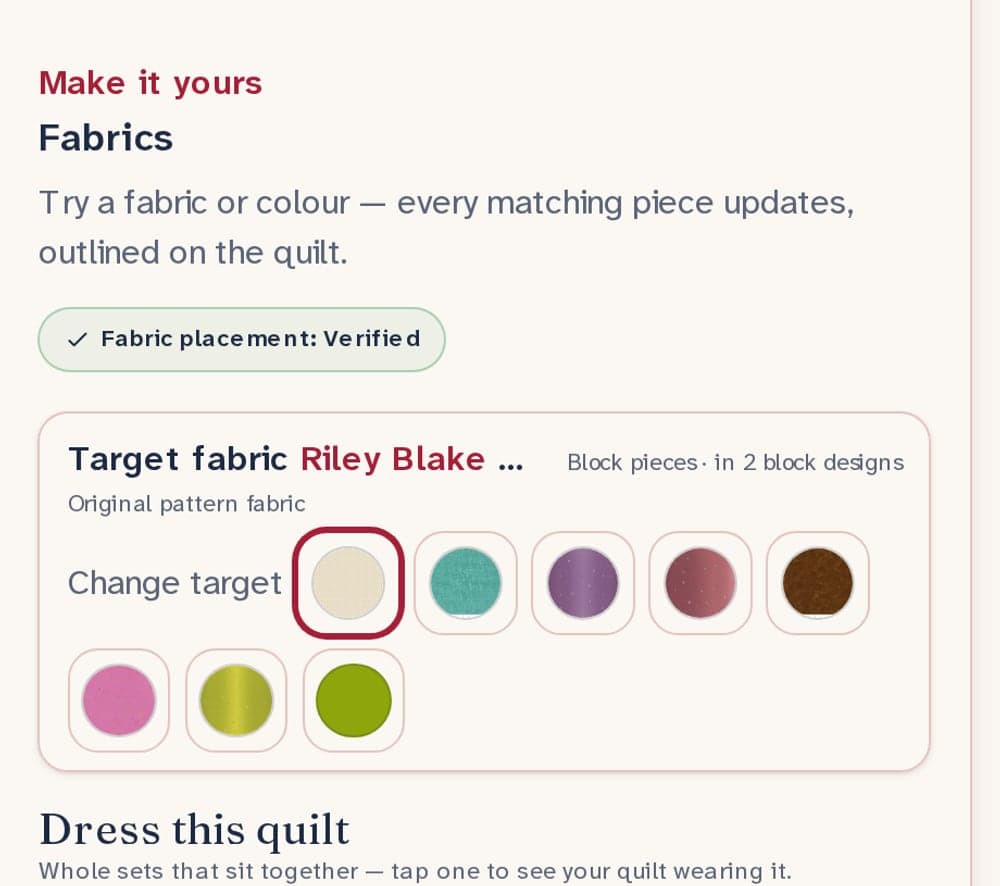The Fabrics panel of the editor: Make it yours, try a fabric or colour and every matching piece updates; the target fabric is a Riley Blake woven, with nine colours to swap it for and whole sets to dress the quilt in underneath.