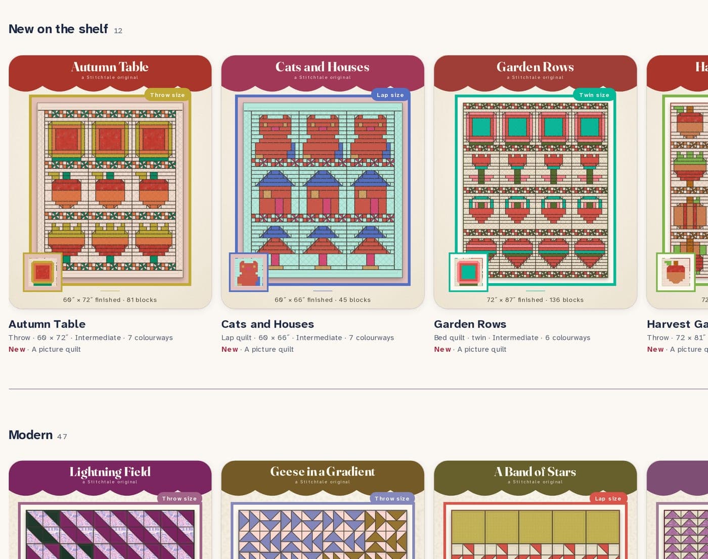 The Stitchtale shelf on a desktop: two rows of quilt covers — Autumn Table, Cats and Houses, Garden Rows, Lightning Field, Geese in a Gradient — each with its size, level and how many colourways it comes in.