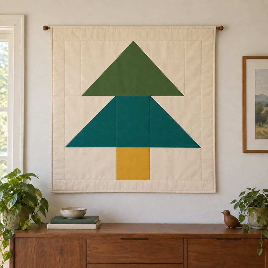 Evergreen Still: a large green and teal tree on ivory
