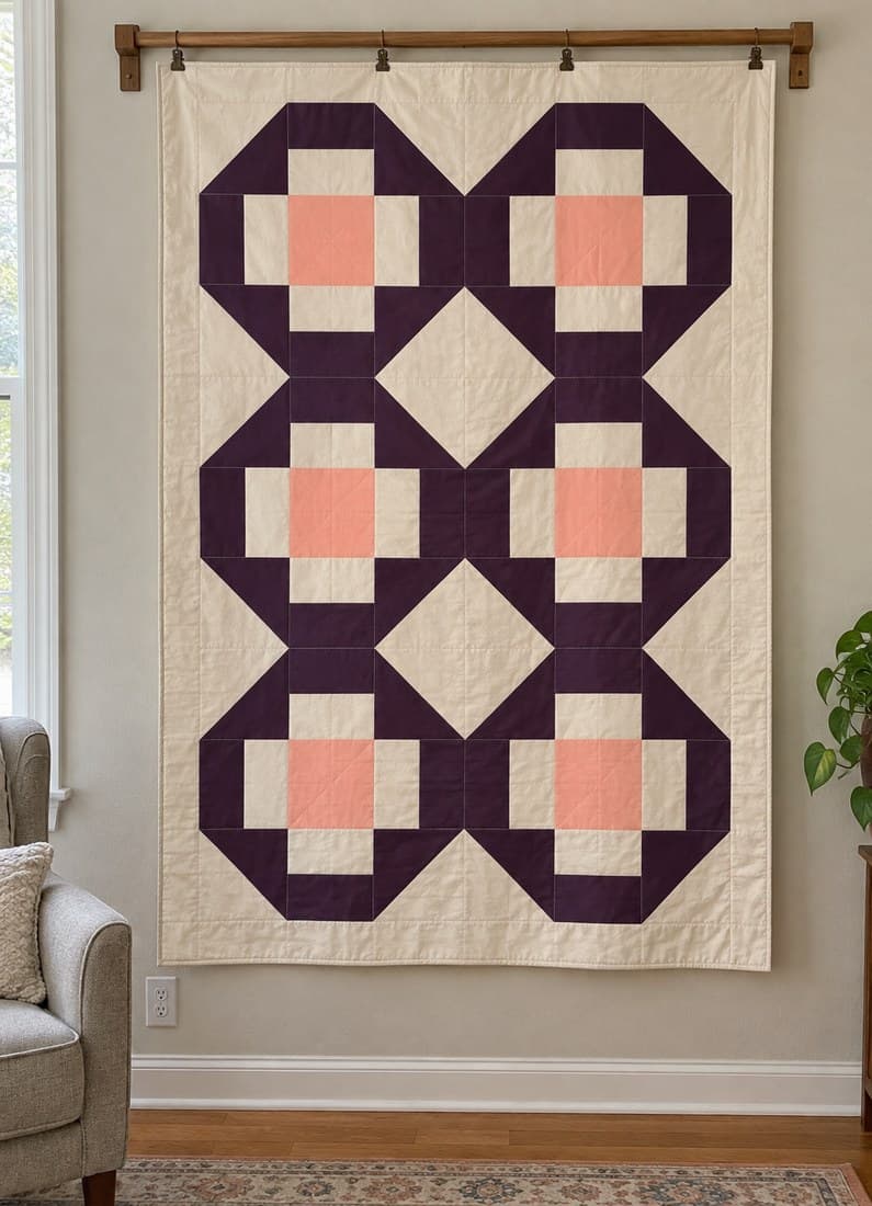 Plum Courtyard: interlocking plum rings with peach centres