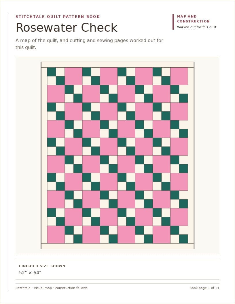 Rosewater Check's actual pattern book cover, with its quilt map and 52 by 64 inch finished size