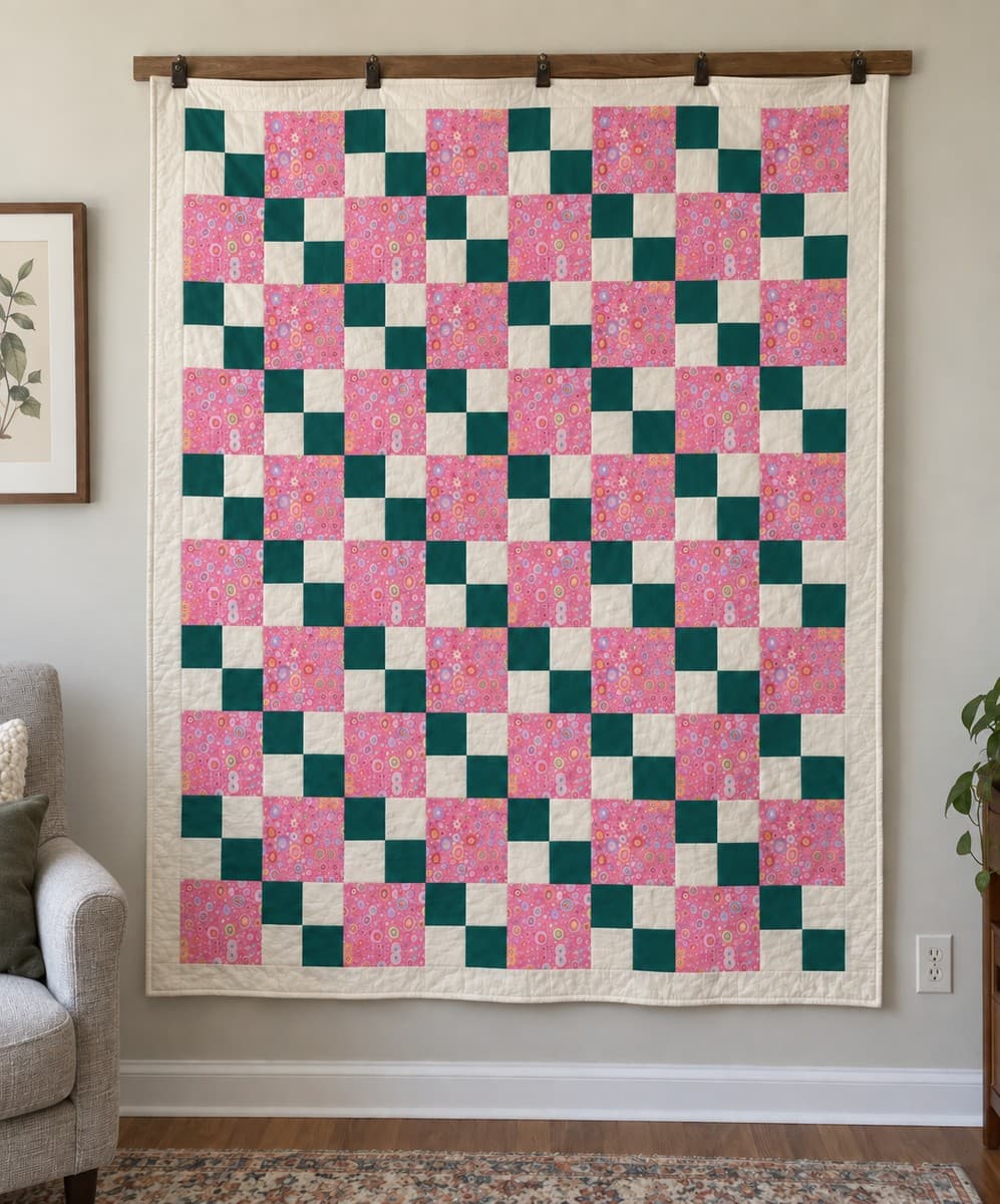 Rosewater Check: a generated room preview of the pink, teal and ivory patchwork throw, with every edge visible