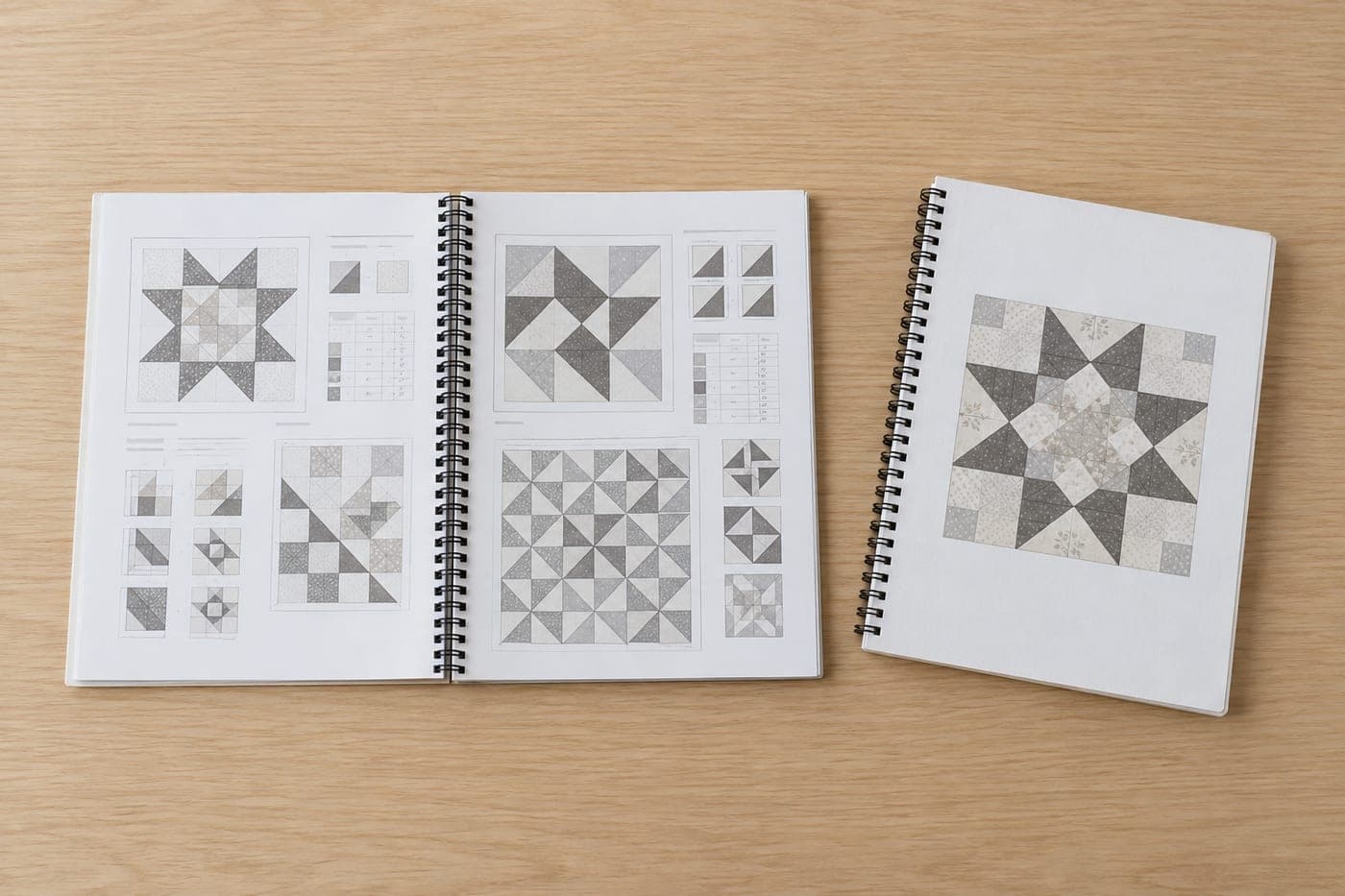 A spiral-bound quilt pattern book lying open on a pale oak board, its pages printed with block diagrams and cutting tables, a second closed copy beside it.