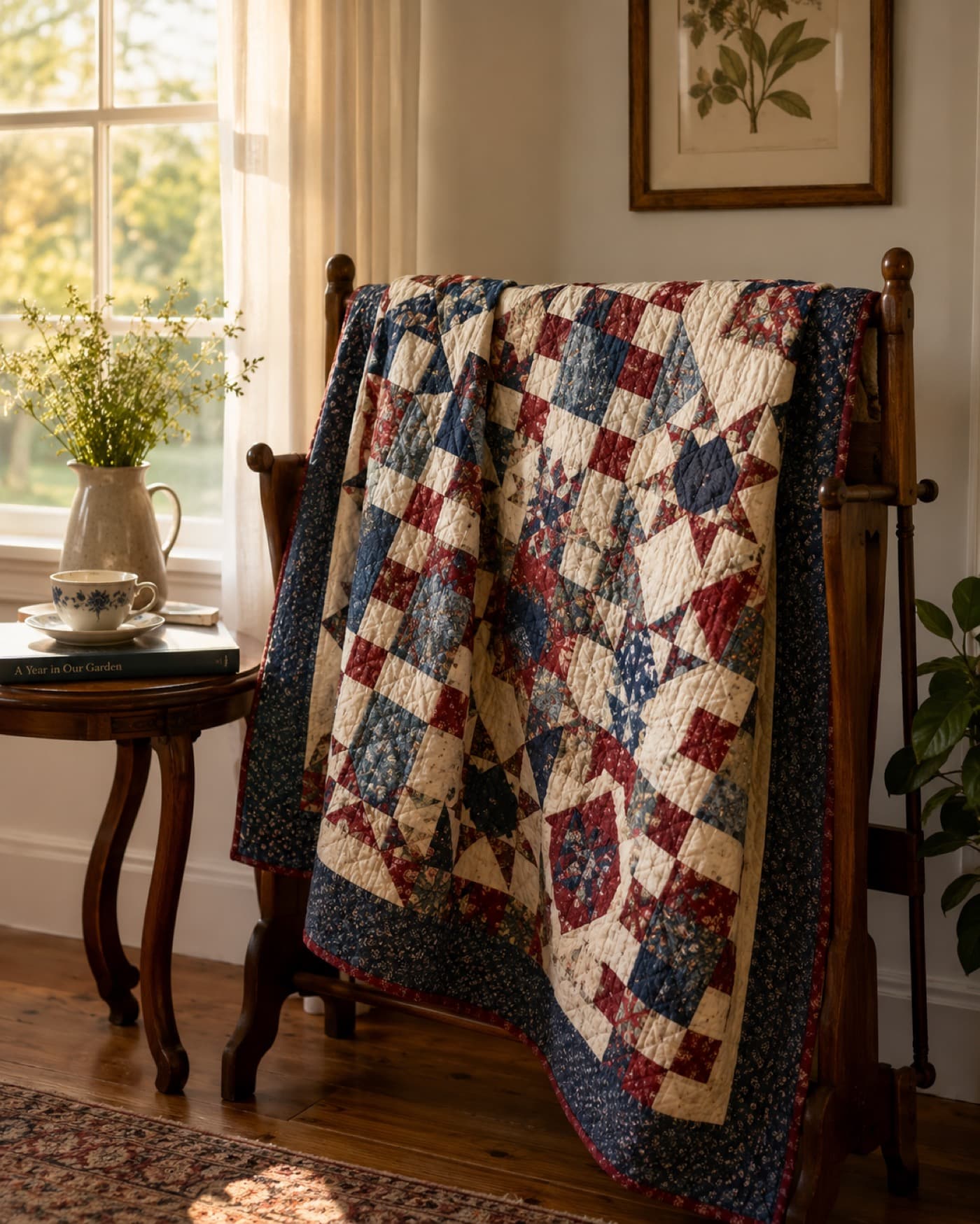 A finished quilt draped over a rack in a sunlit room, with tea by the window.