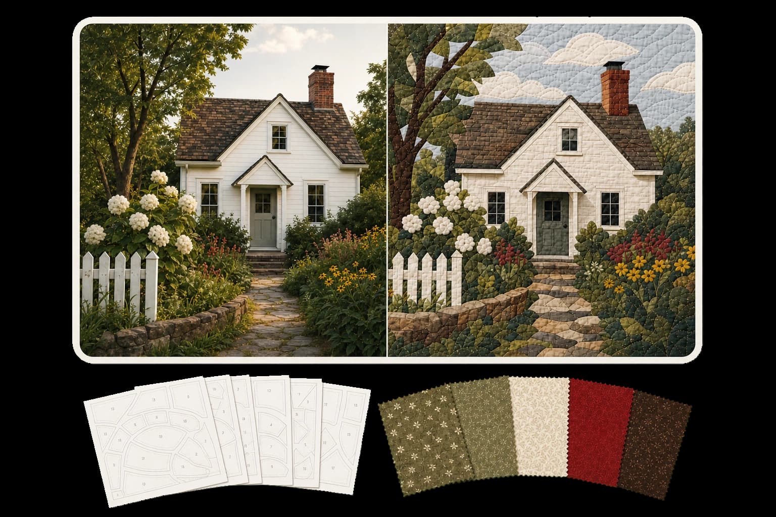 A cottage photo becoming a detailed sewn art quilt, with numbered printable pattern pieces and fabric swatches.