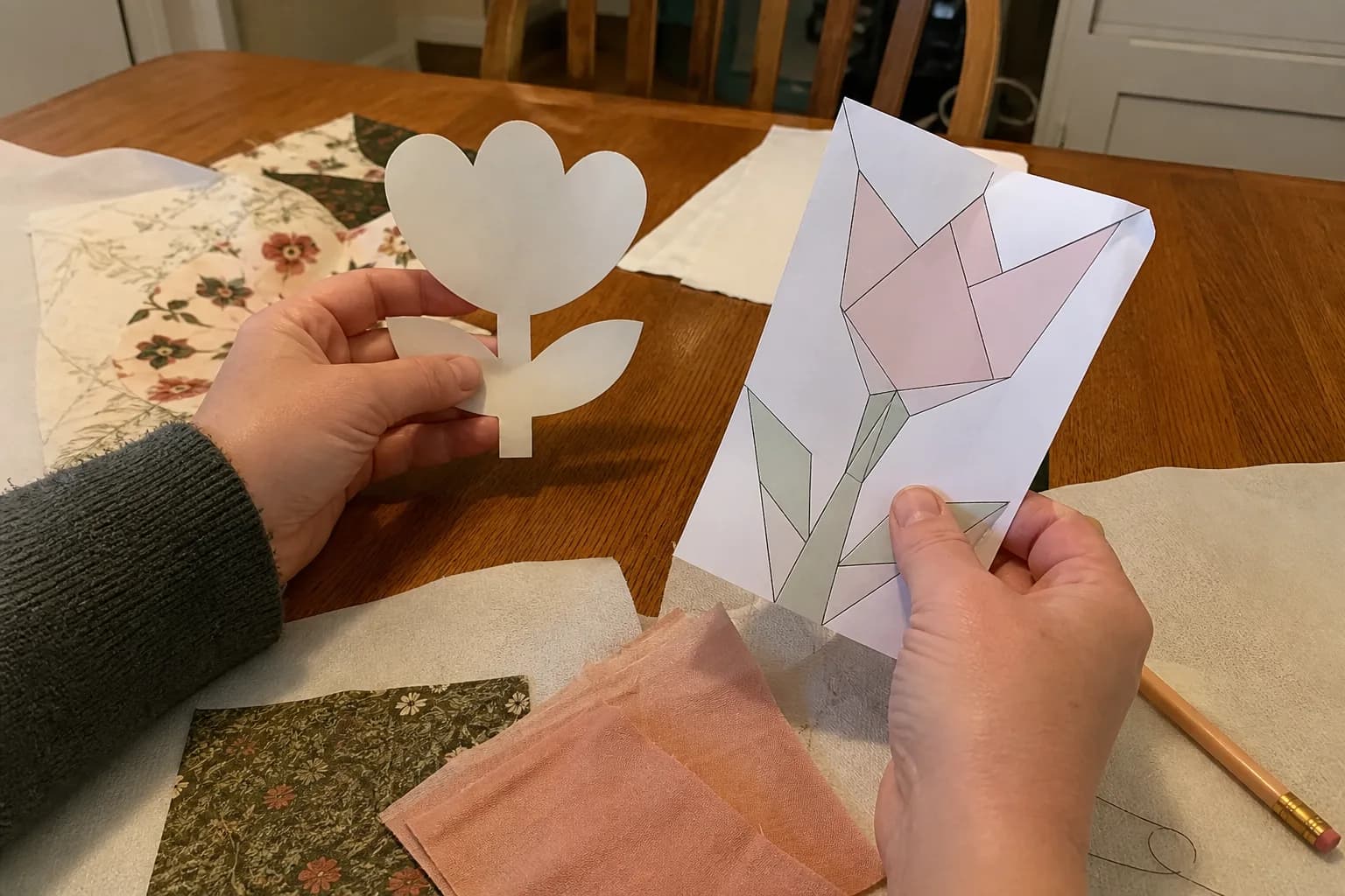 Rounded applique pieces and an angular foundation paper piecing sketch are compared beside fabric scraps.