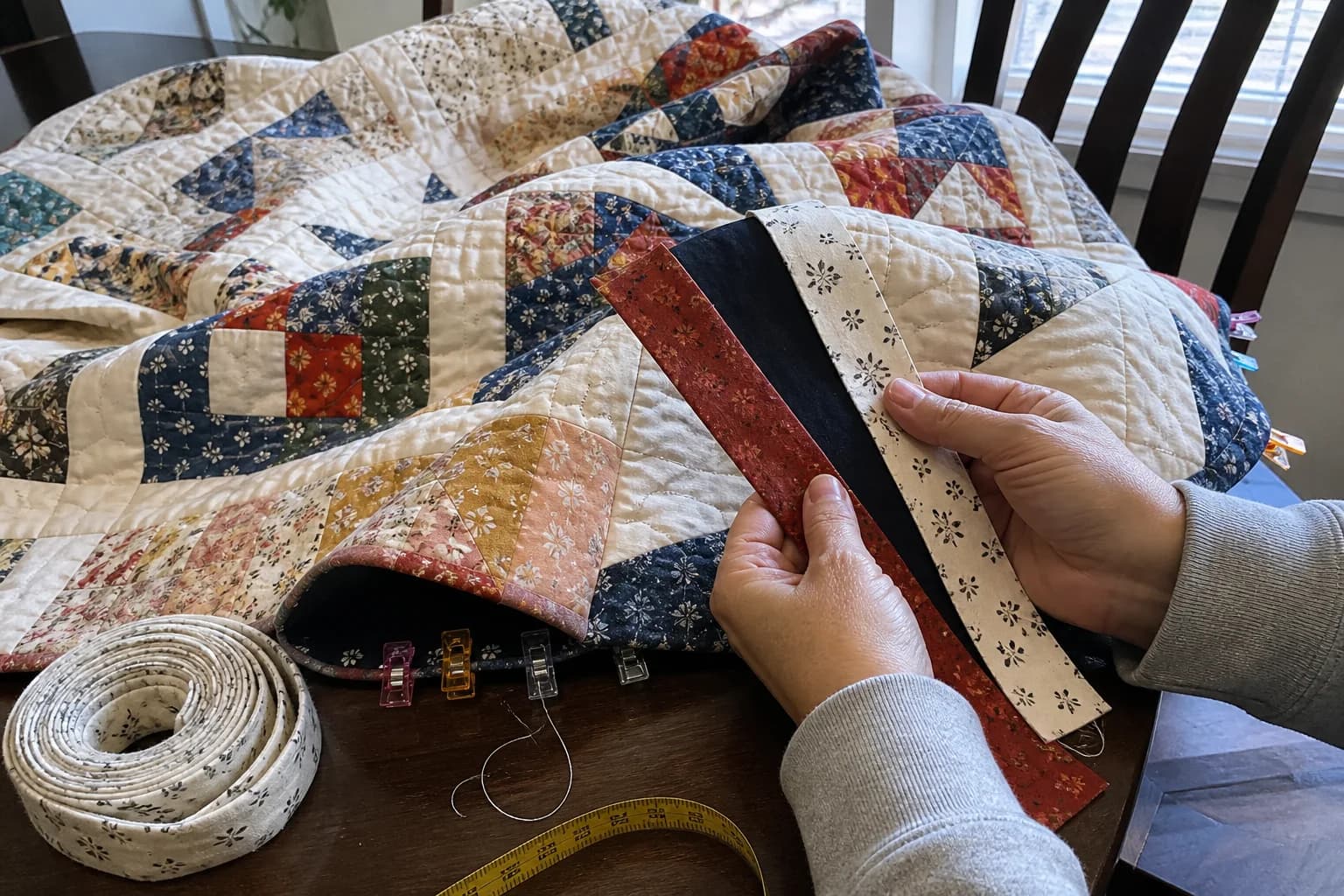 A quilter holds navy, rust, and cream binding strips against the edge of a finished patchwork quilt.