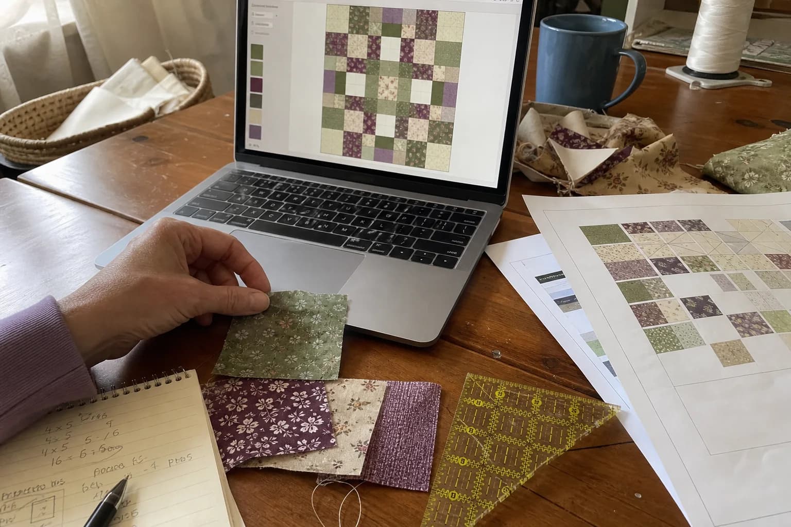 A quilter auditions fabric swatches beside an editable block layout on a laptop and private pattern pages.