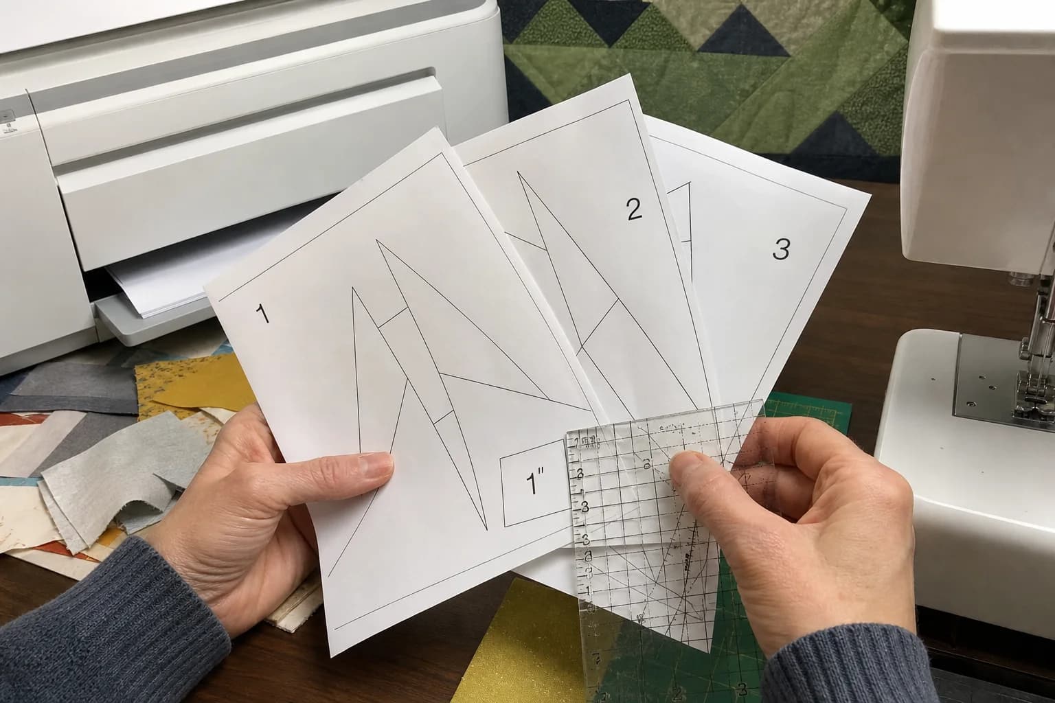 Numbered foundation paper piecing sections, a ruler, fabric scraps, and a test square on a home worktable.