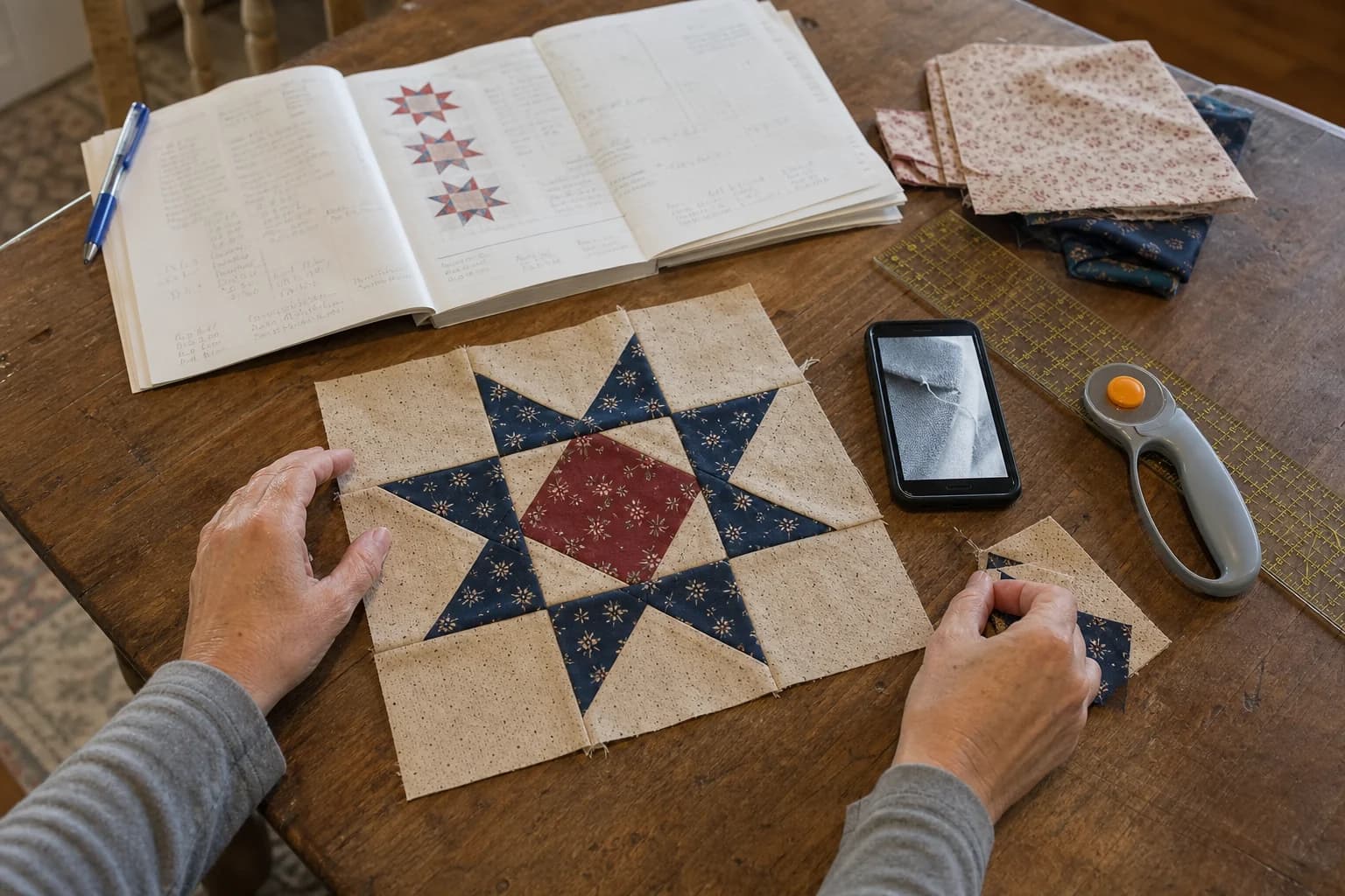 A quilter checks a pieced test block beside an open pattern, fabric choices, a ruler, and a phone at a well-used wooden table.