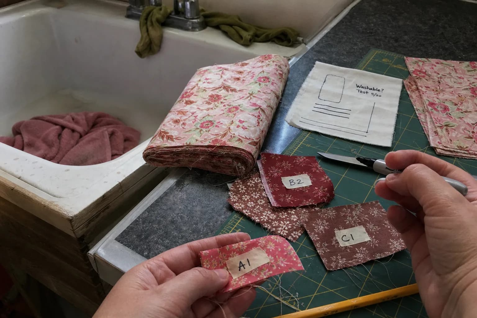 Labeled fabric pieces, a washable-marker test, and folded cotton sit beside a home utility sink.