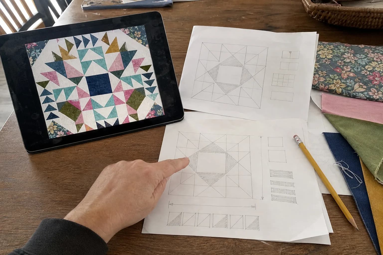 A quilter compares a geometric quilt image on a tablet with pencil-drawn pattern pages and fabric swatches on a kitchen table.