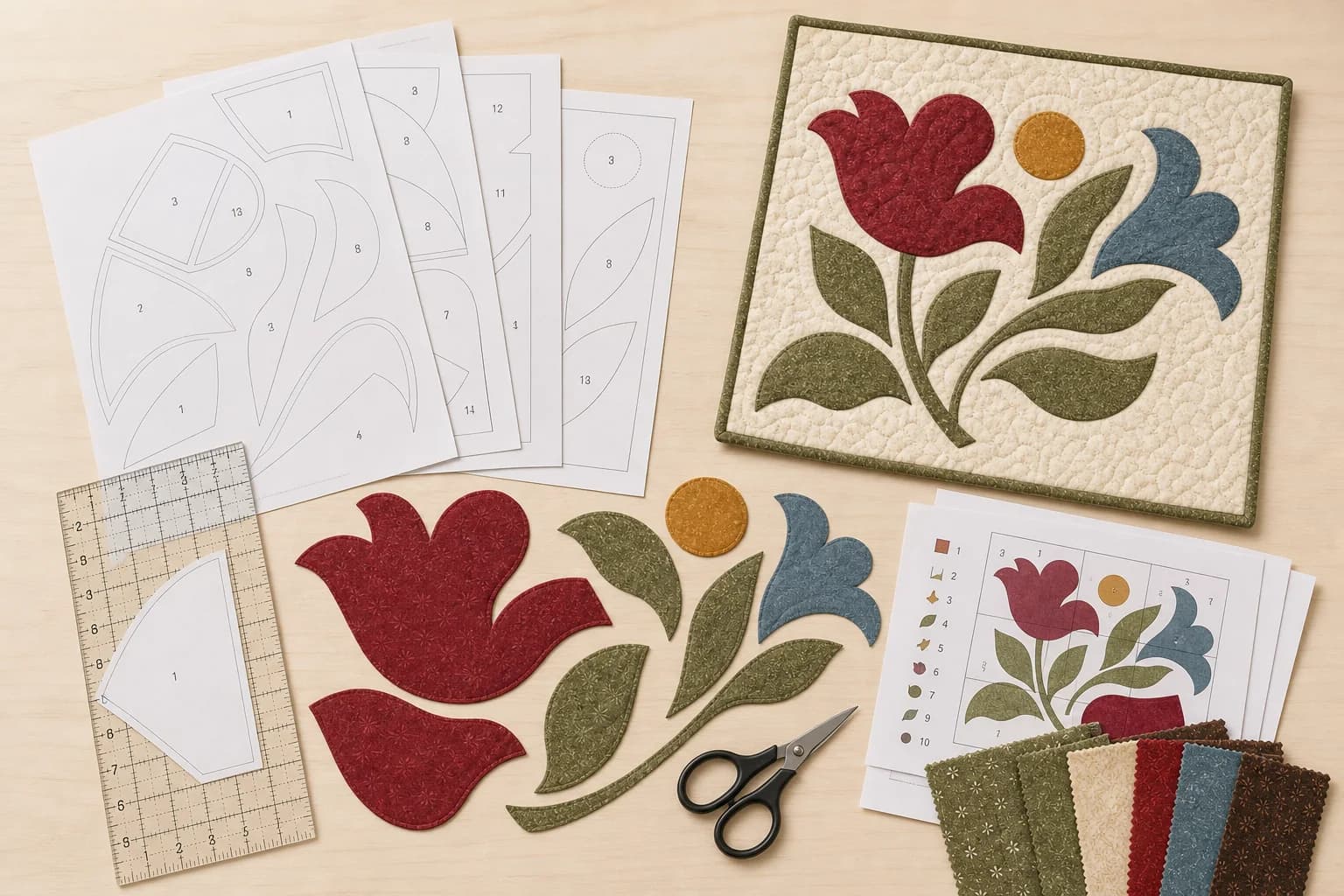 A complete quilt pattern kit with numbered paper templates, matching fabric pieces, a quilting ruler, scissors, and a finished floral quilt block.