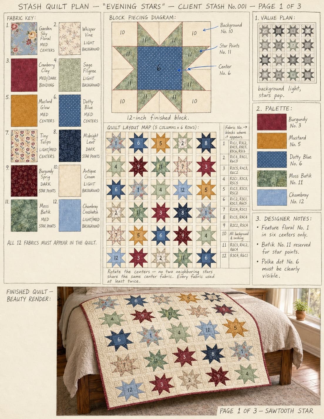 A page from a real generated Quilt Plan document, showing a fabric key and block diagram.