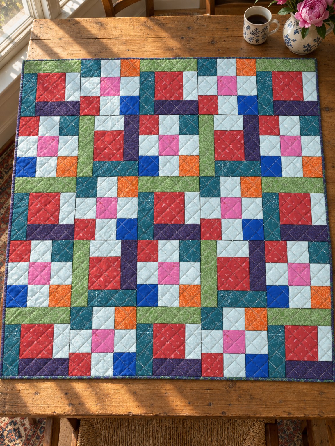 Cabins and Nine Patch, finished and photographed on a kitchen table
