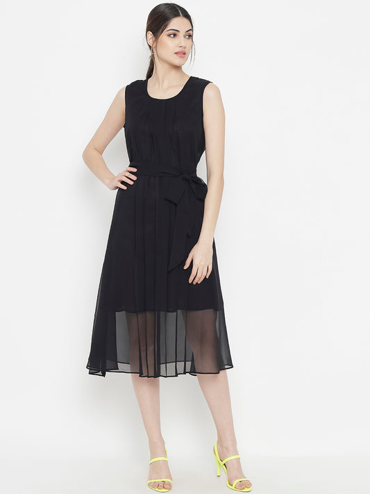 Stitchtale Georgette Pleated Knee Length Dress