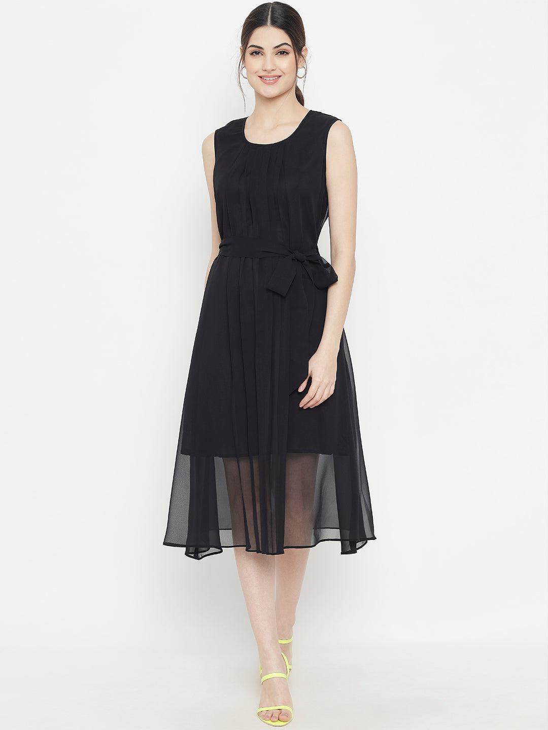 Stitchtale Georgette Pleated Knee Length Dress