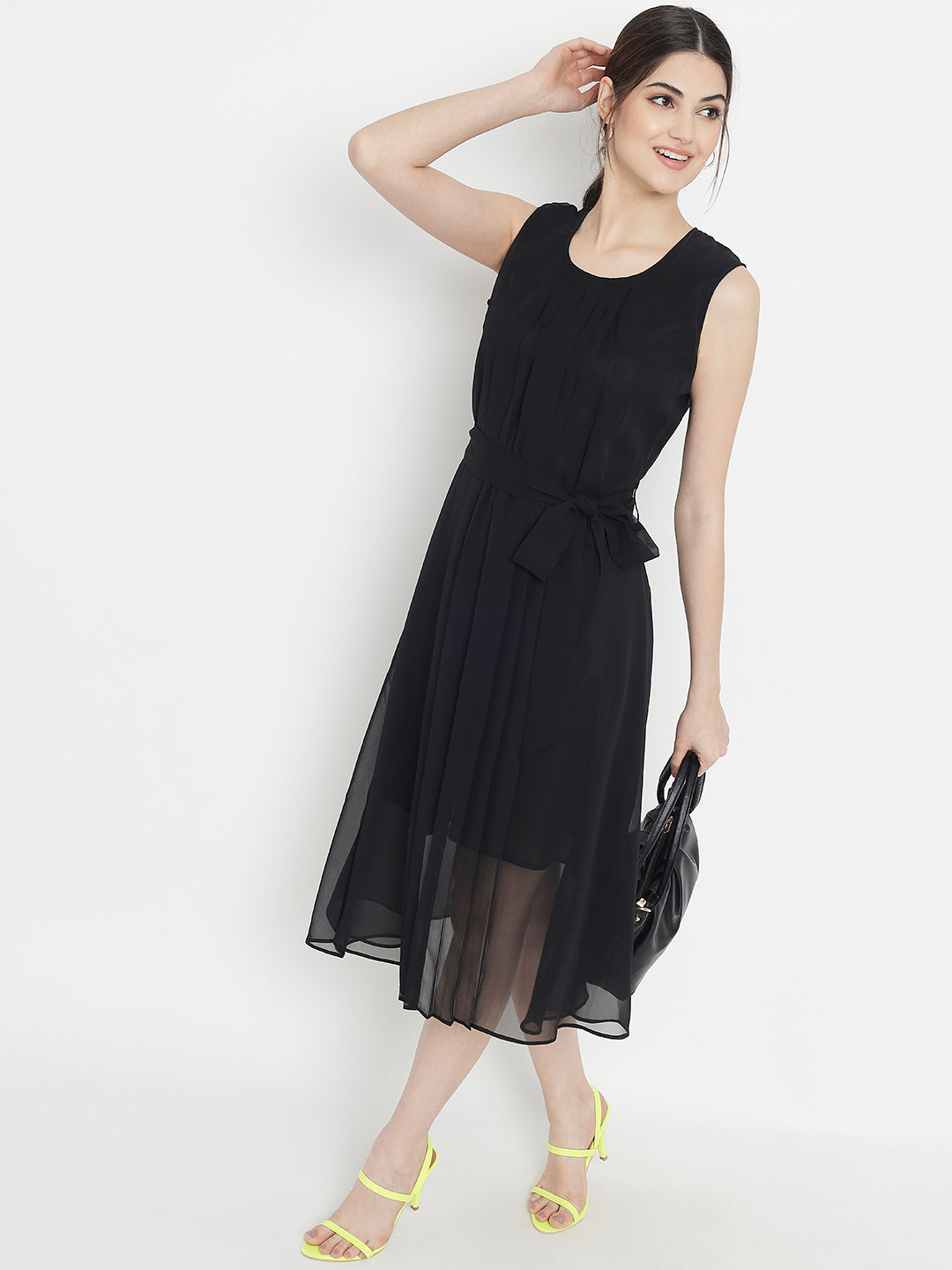 Stitchtale Georgette Pleated Knee Length Dress