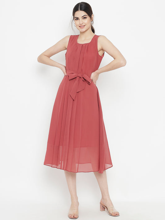 Stitchtale Georgette Pleated Knee Length Dress