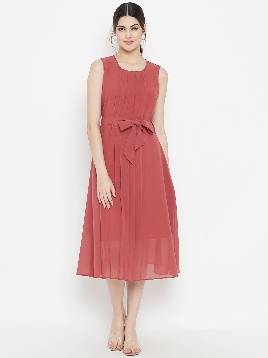 Stitchtale Georgette Pleated Knee Length Dress