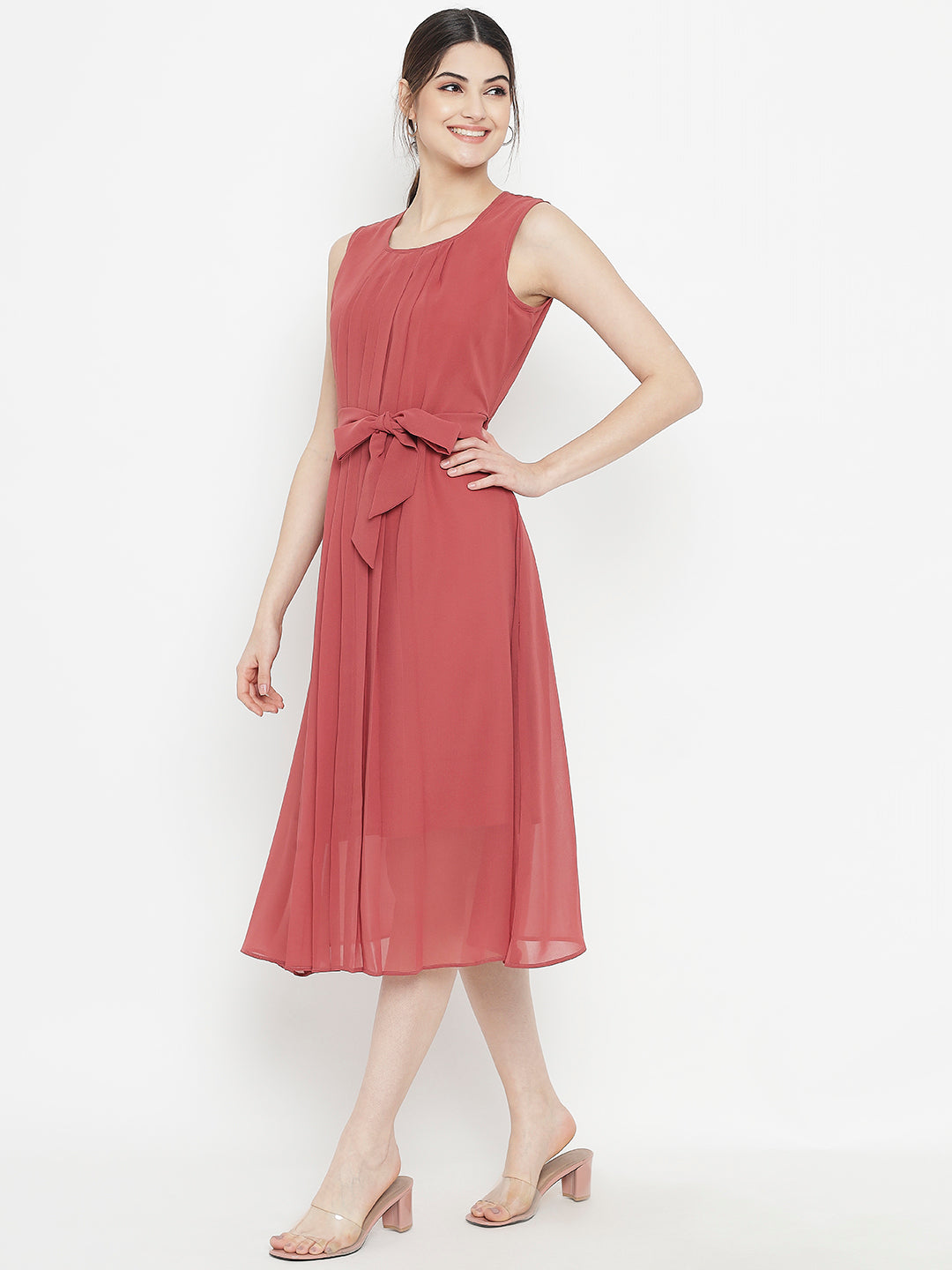 Stitchtale Georgette Pleated Knee Length Dress