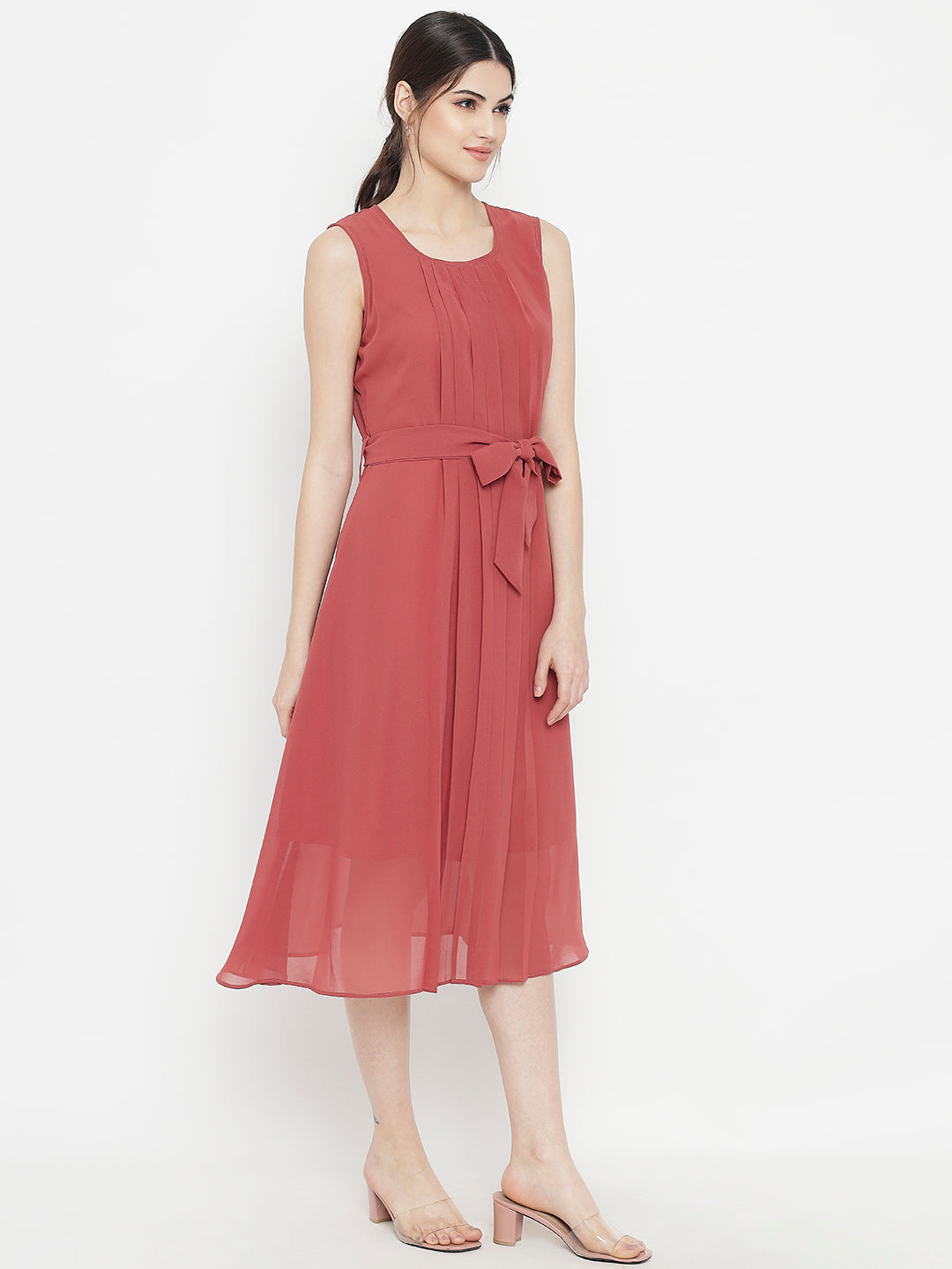 Stitchtale Georgette Pleated Knee Length Dress