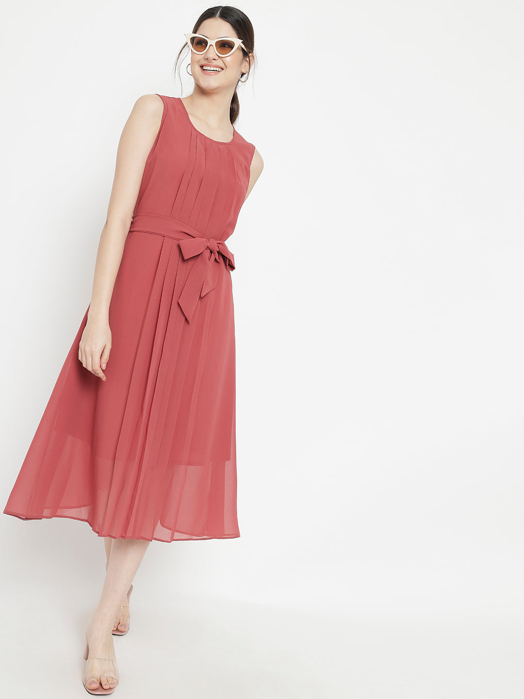 Stitchtale Georgette Pleated Knee Length Dress