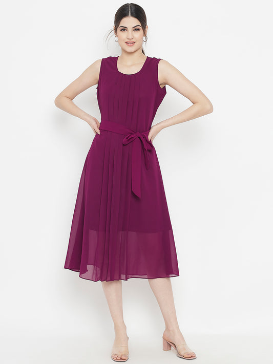 Stitchtale Georgette Pleated Knee Length Dress