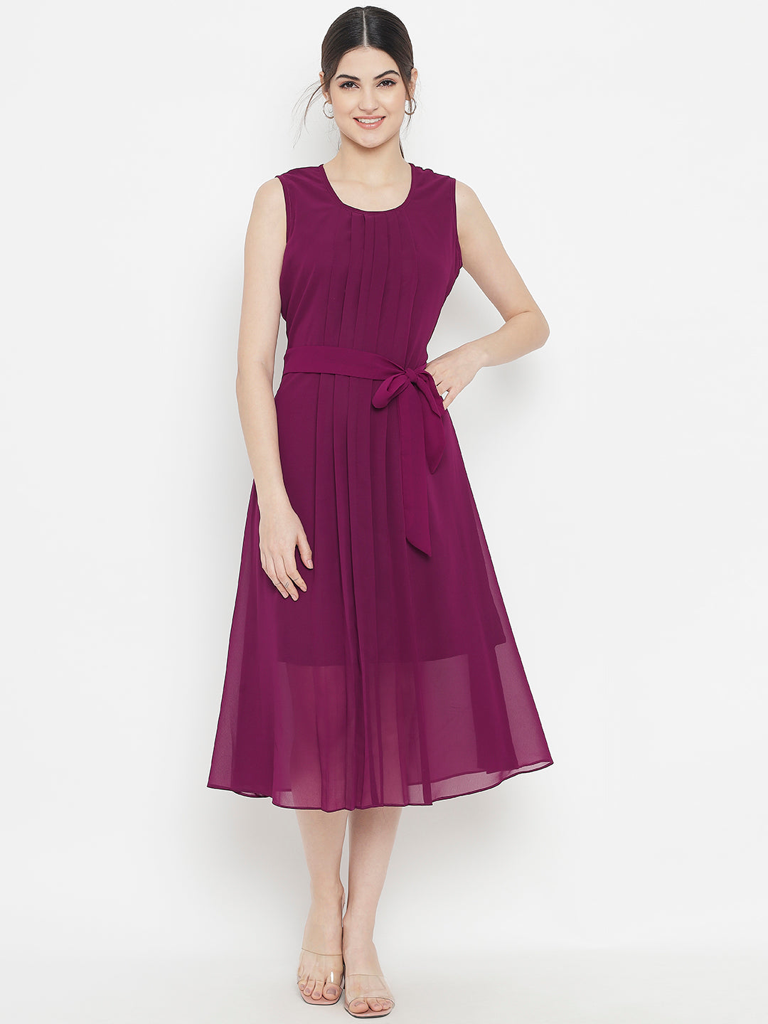 Stitchtale Georgette Pleated Knee Length Dress