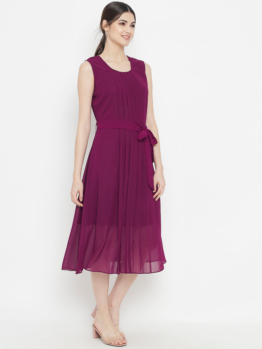 Stitchtale Georgette Pleated Knee Length Dress