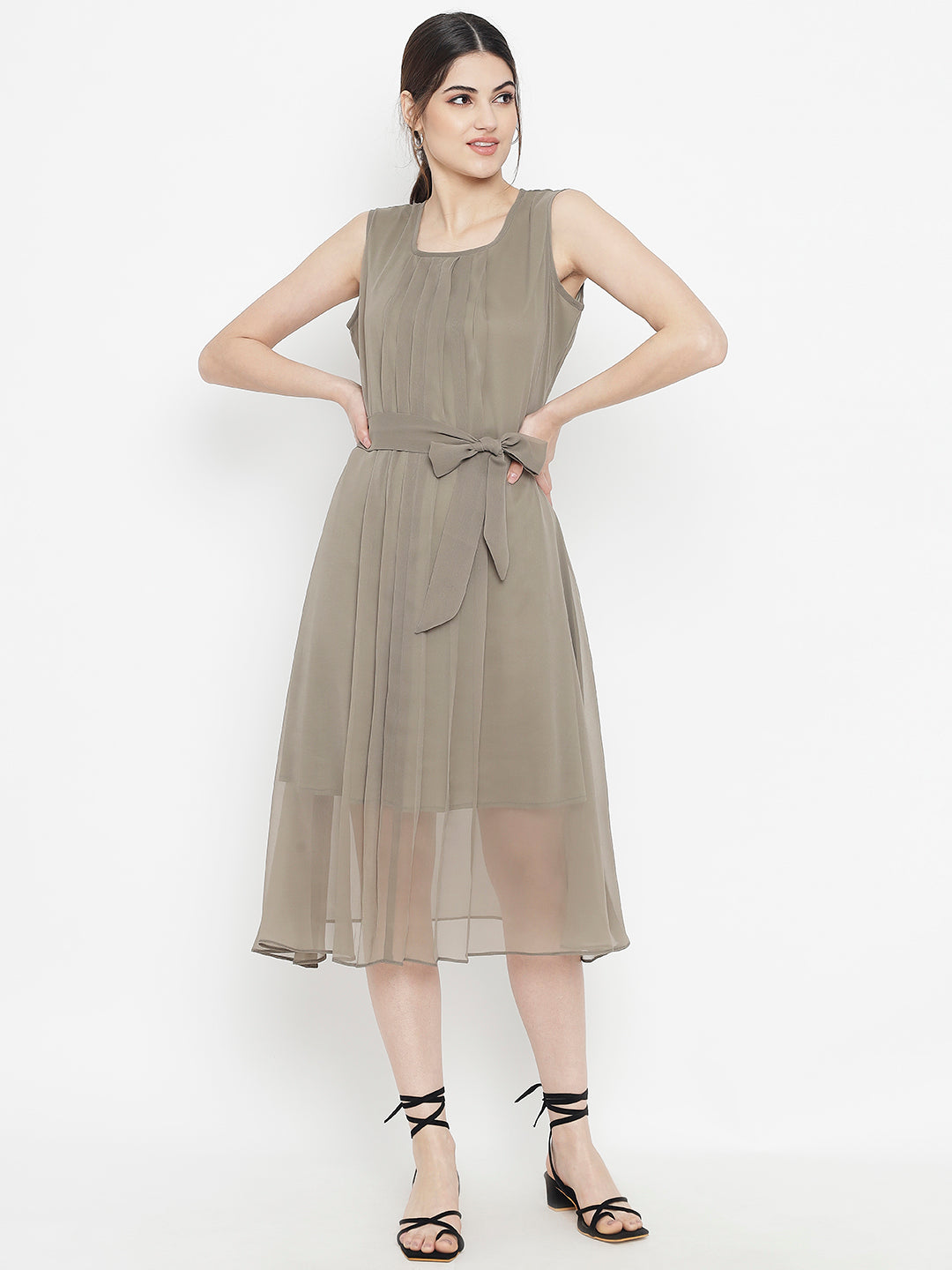 Stitchtale Georgette Pleated Knee Length Dress