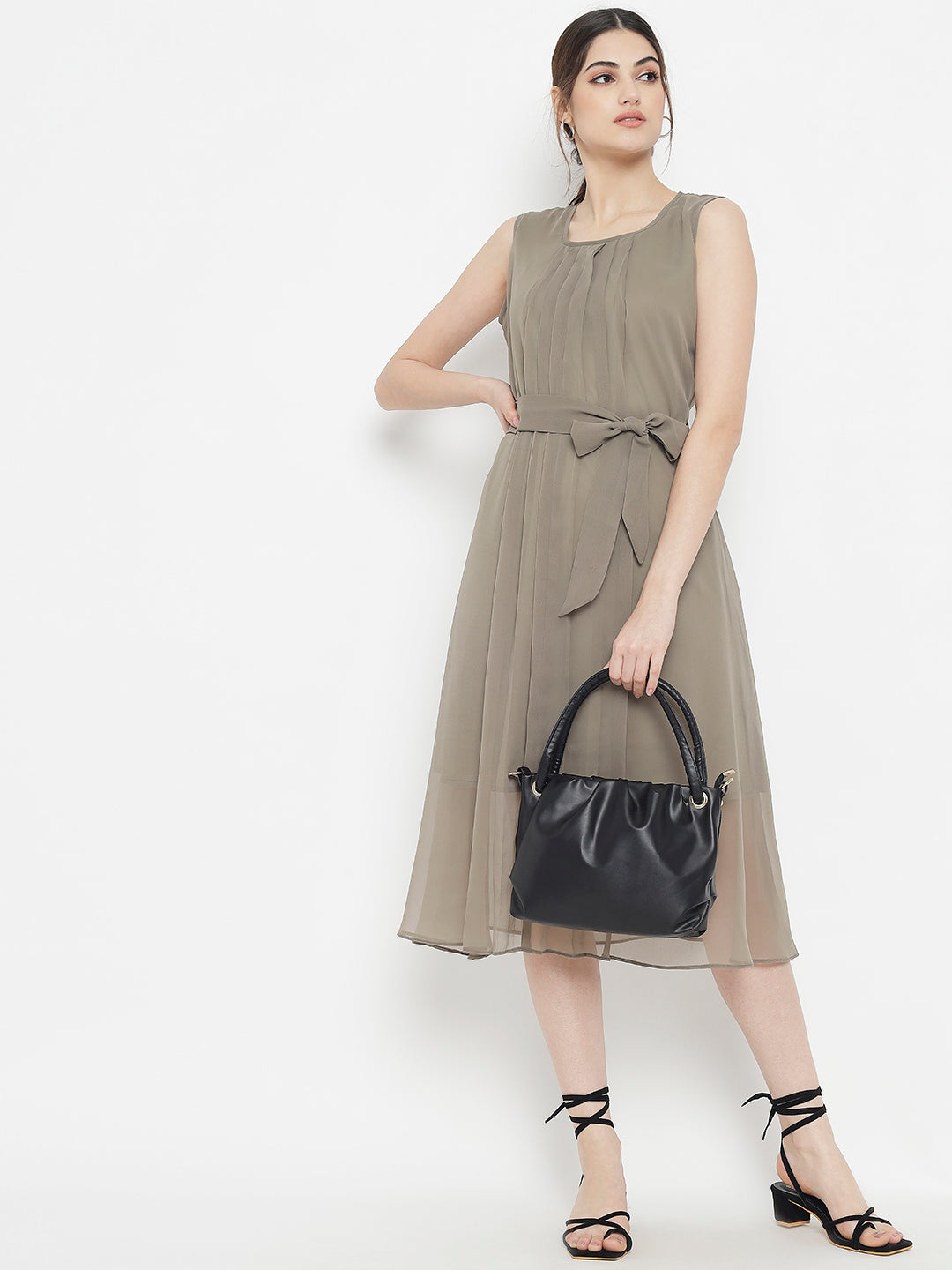 Stitchtale Georgette Pleated Knee Length Dress